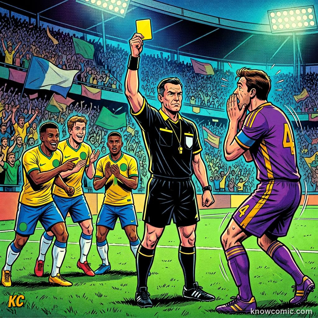 Comic panel labelled late card, illustrating advantage & play on in KnowComic's World Cup 2026 series