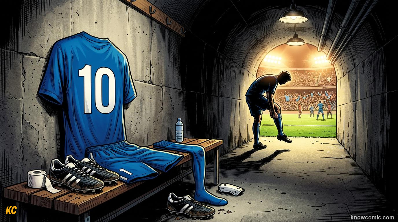 Comic panel titled what every player must wear, labelled dressed for battle, from the KnowComic World Cup 2026 lesson on boots, shin pads & the kit