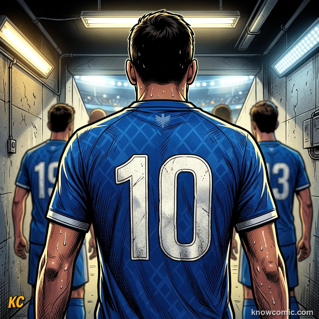 Comic panel titled studs under your feet, labelled shirt & number, from the KnowComic World Cup 2026 lesson on boots, shin pads & the kit
