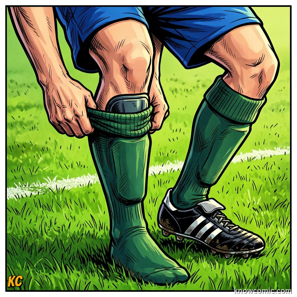Comic panel titled studs under your feet, labelled shorts & socks, from the KnowComic World Cup 2026 lesson on boots, shin pads & the kit