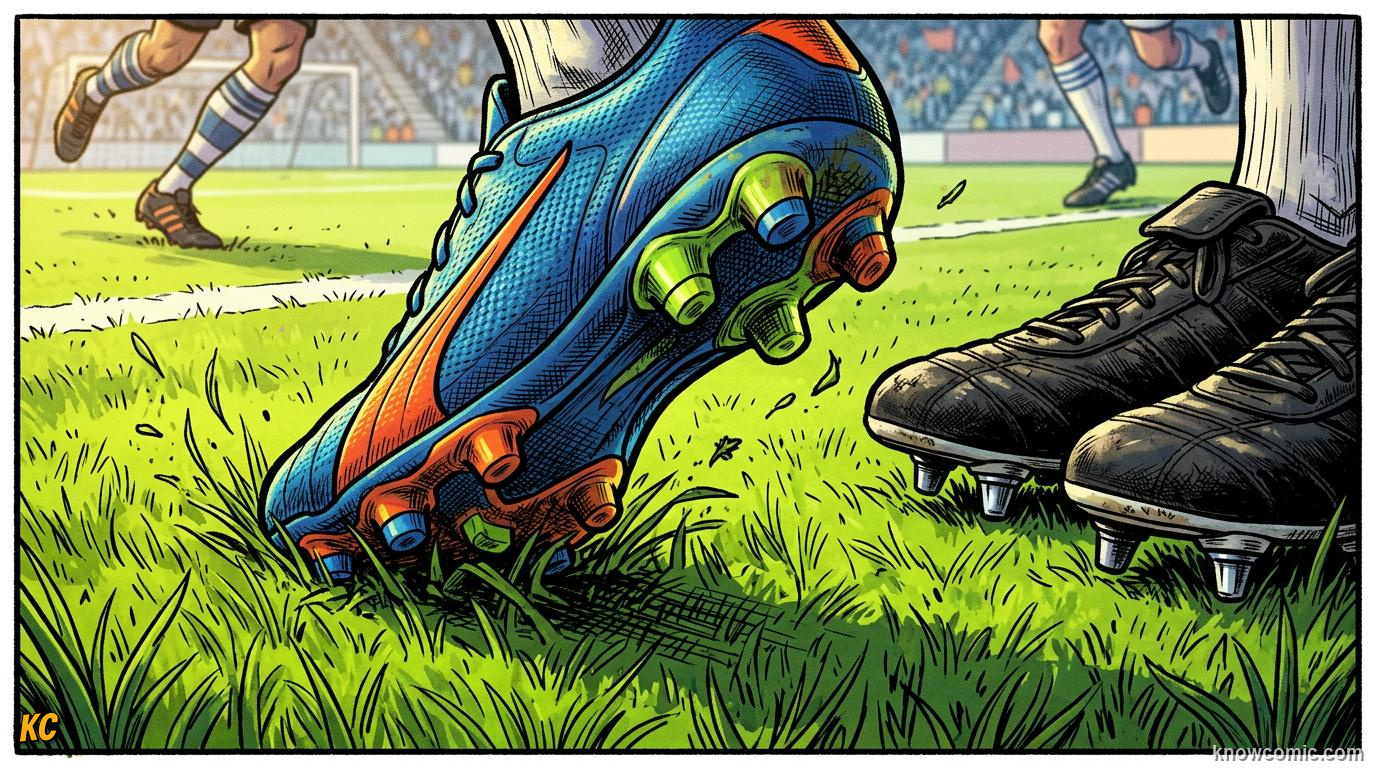 Comic panel titled studs under your feet, labelled grip the grass, from the KnowComic World Cup 2026 lesson on boots, shin pads & the kit