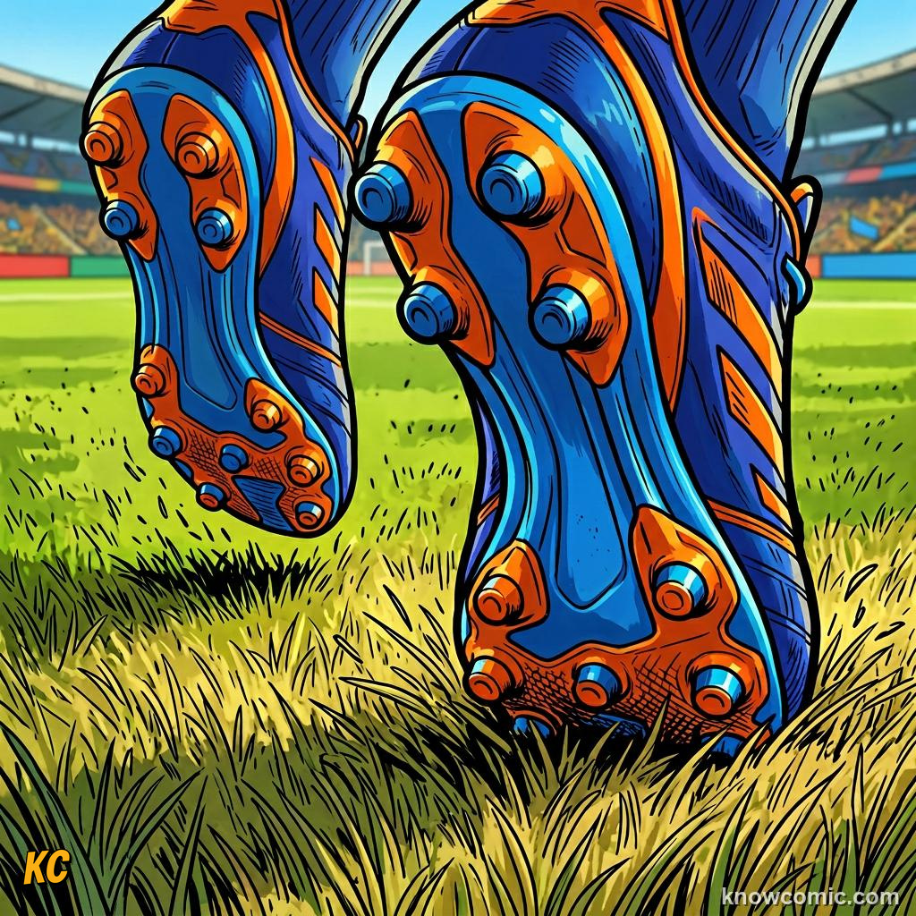Comic panel titled shin pads are mandatory, labelled firm ground, from the KnowComic World Cup 2026 lesson on boots, shin pads & the kit