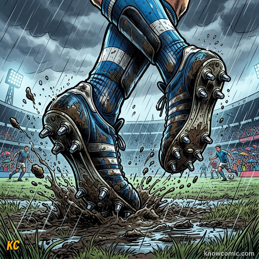 Comic panel titled shin pads are mandatory, labelled soft ground, from the KnowComic World Cup 2026 lesson on boots, shin pads & the kit