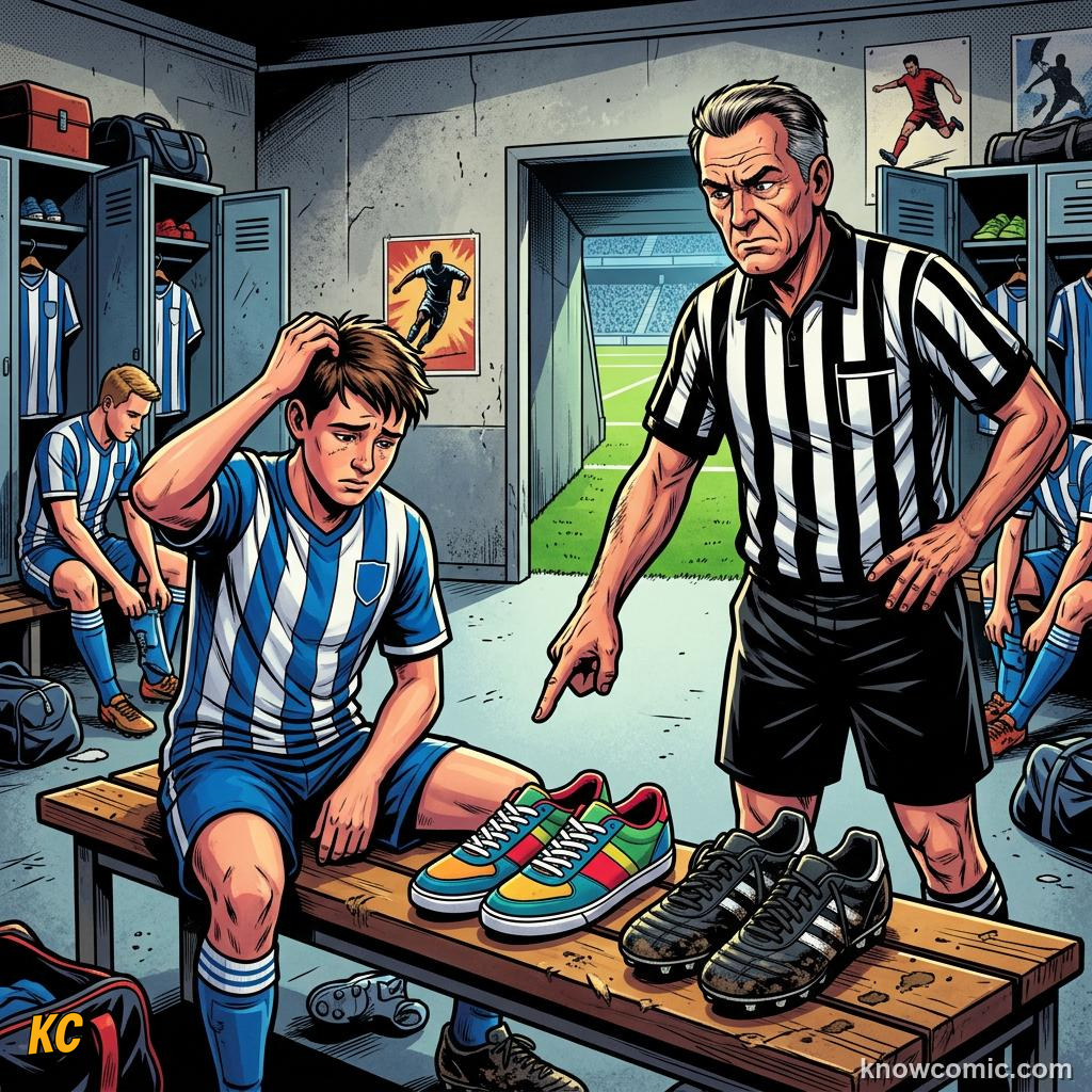Comic panel titled shin pads are mandatory, labelled wrong boots, from the KnowComic World Cup 2026 lesson on boots, shin pads & the kit