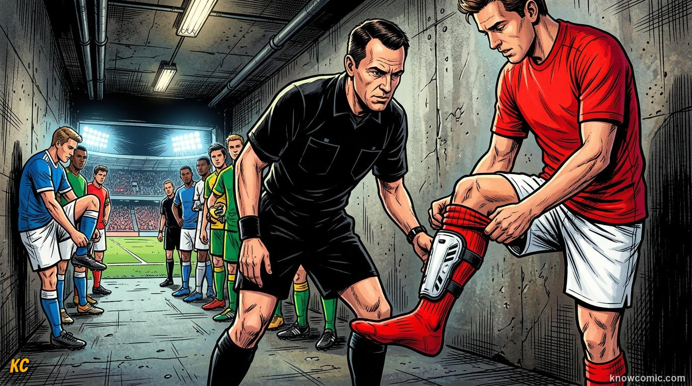 Comic panel titled shin pads are mandatory, labelled non-negotiable, from the KnowComic World Cup 2026 lesson on boots, shin pads & the kit