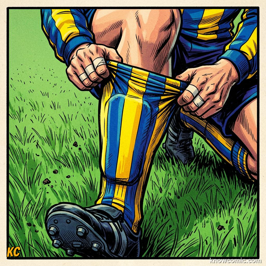 Comic panel titled shin pads are mandatory, labelled under the socks, from the KnowComic World Cup 2026 lesson on boots, shin pads & the kit