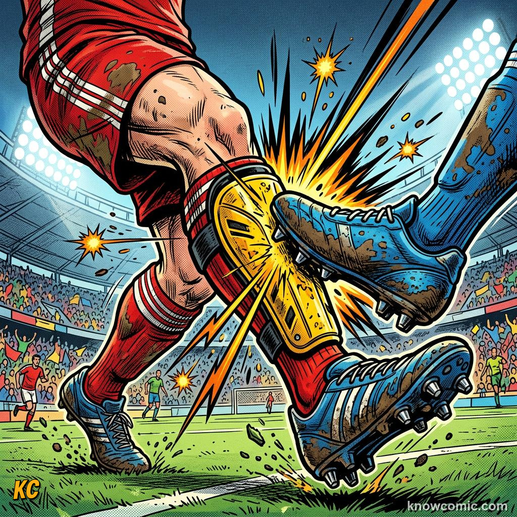 Comic panel titled shin pads are mandatory, labelled protect the shin, from the KnowComic World Cup 2026 lesson on boots, shin pads & the kit
