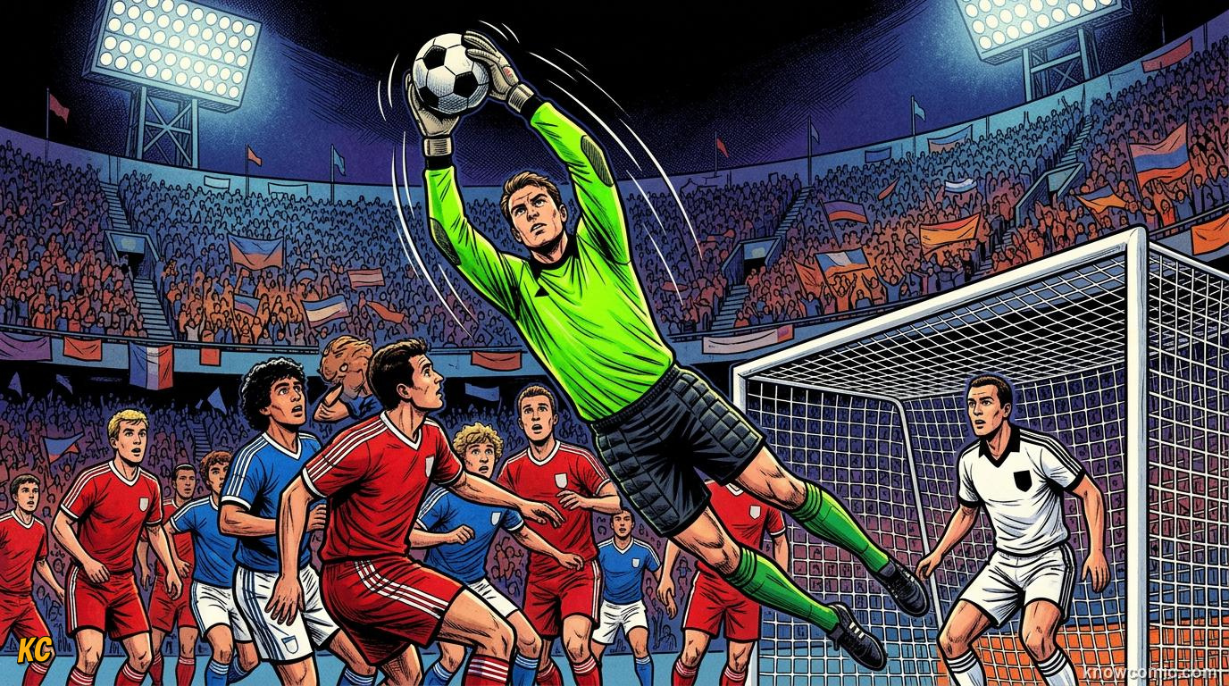Comic panel titled why keepers look different, labelled the last defender, from the KnowComic World Cup 2026 lesson on boots, shin pads & the kit