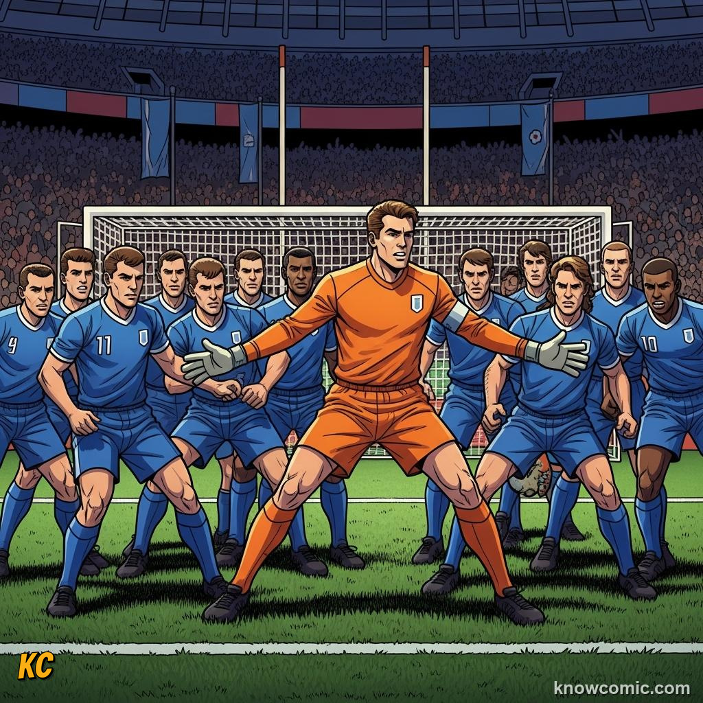 Comic panel titled dangerous gear stays off the pitch, labelled different shirt, from the KnowComic World Cup 2026 lesson on boots, shin pads & the kit