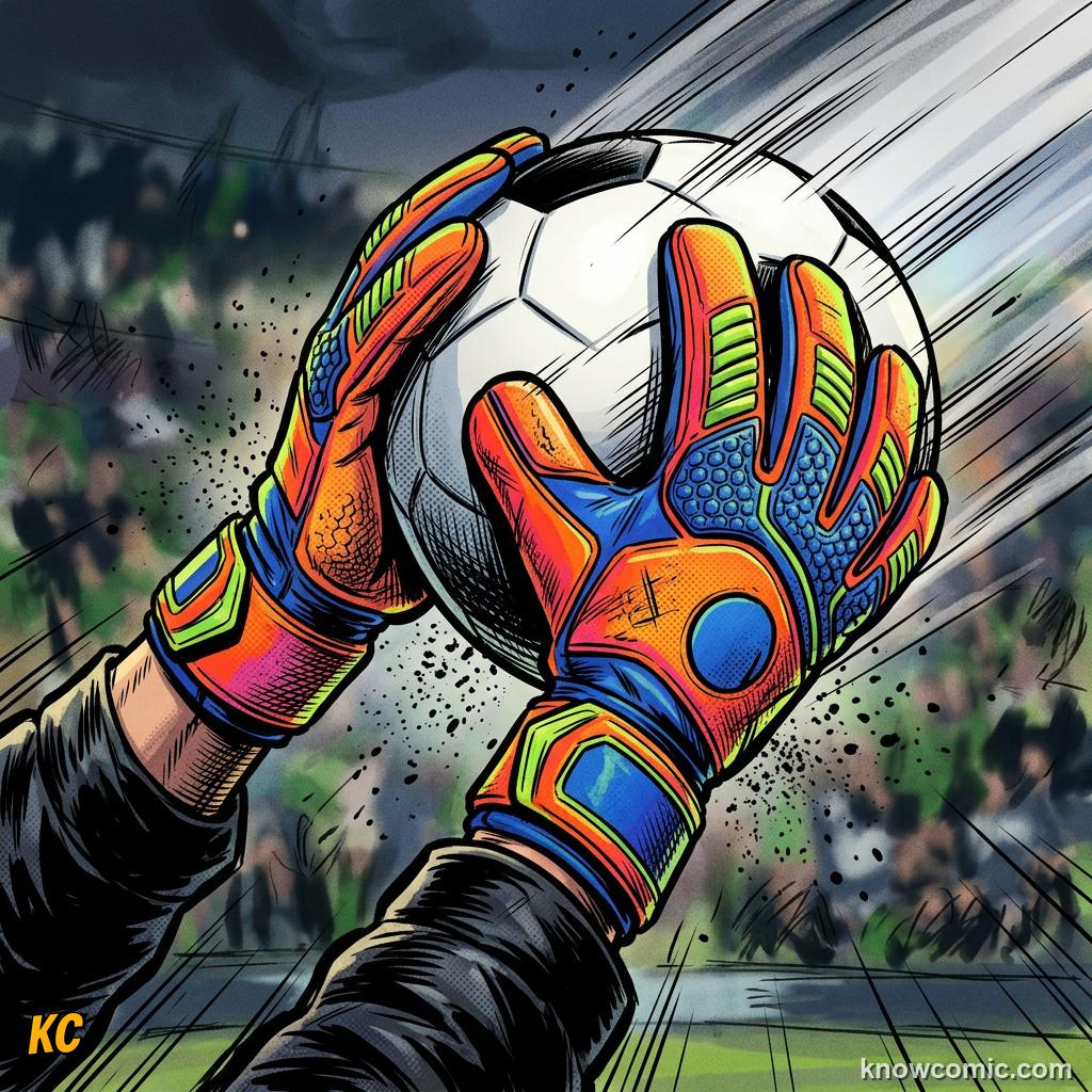 Comic panel titled dangerous gear stays off the pitch, labelled goalkeeper gloves, from the KnowComic World Cup 2026 lesson on boots, shin pads & the kit
