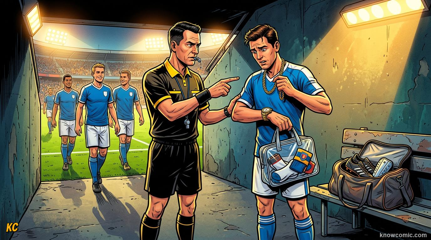 Comic panel titled dangerous gear stays off the pitch, labelled what is banned, from the KnowComic World Cup 2026 lesson on boots, shin pads & the kit