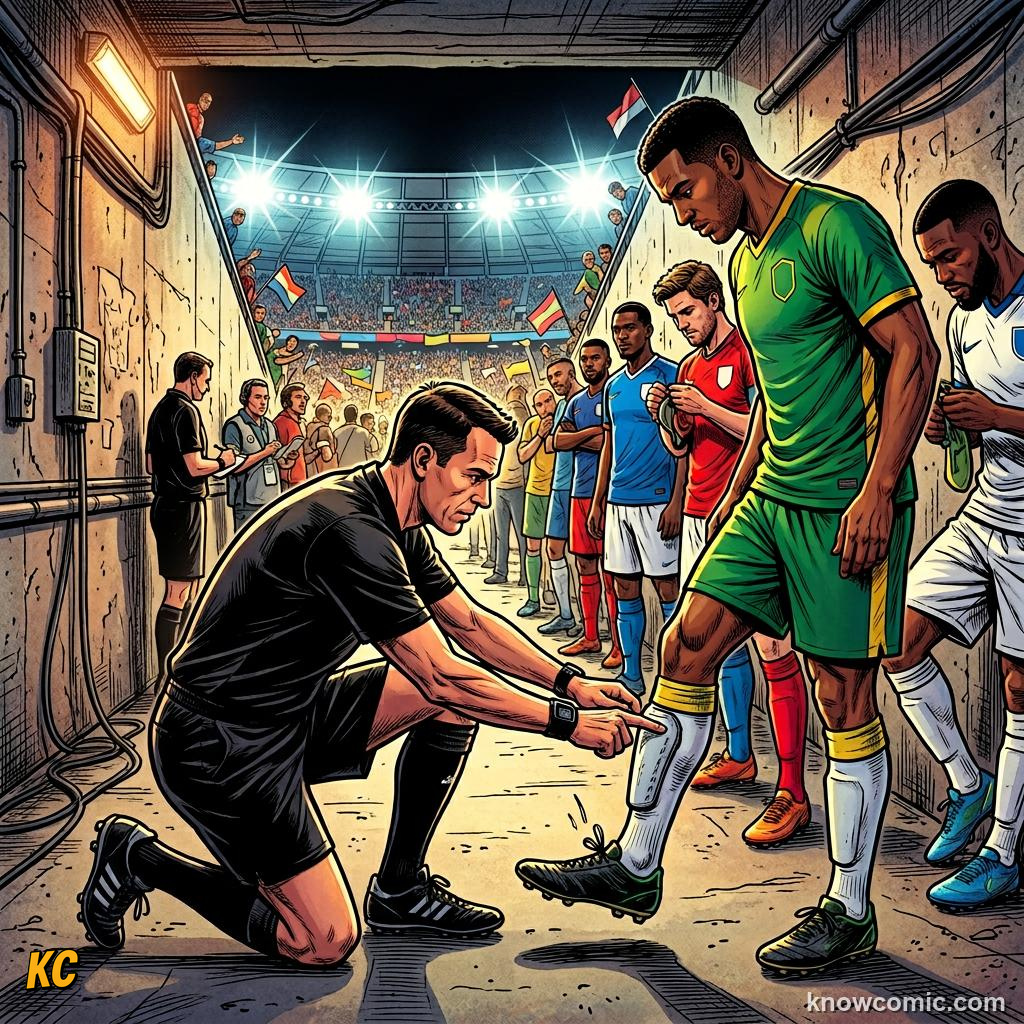 Comic panel labelled kit check, illustrating boots, shin pads & the kit in KnowComic's World Cup 2026 series
