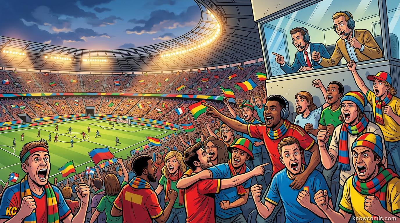 Comic panel titled football has its own language, labelled secret words, from the KnowComic World Cup 2026 lesson on speak like a fan