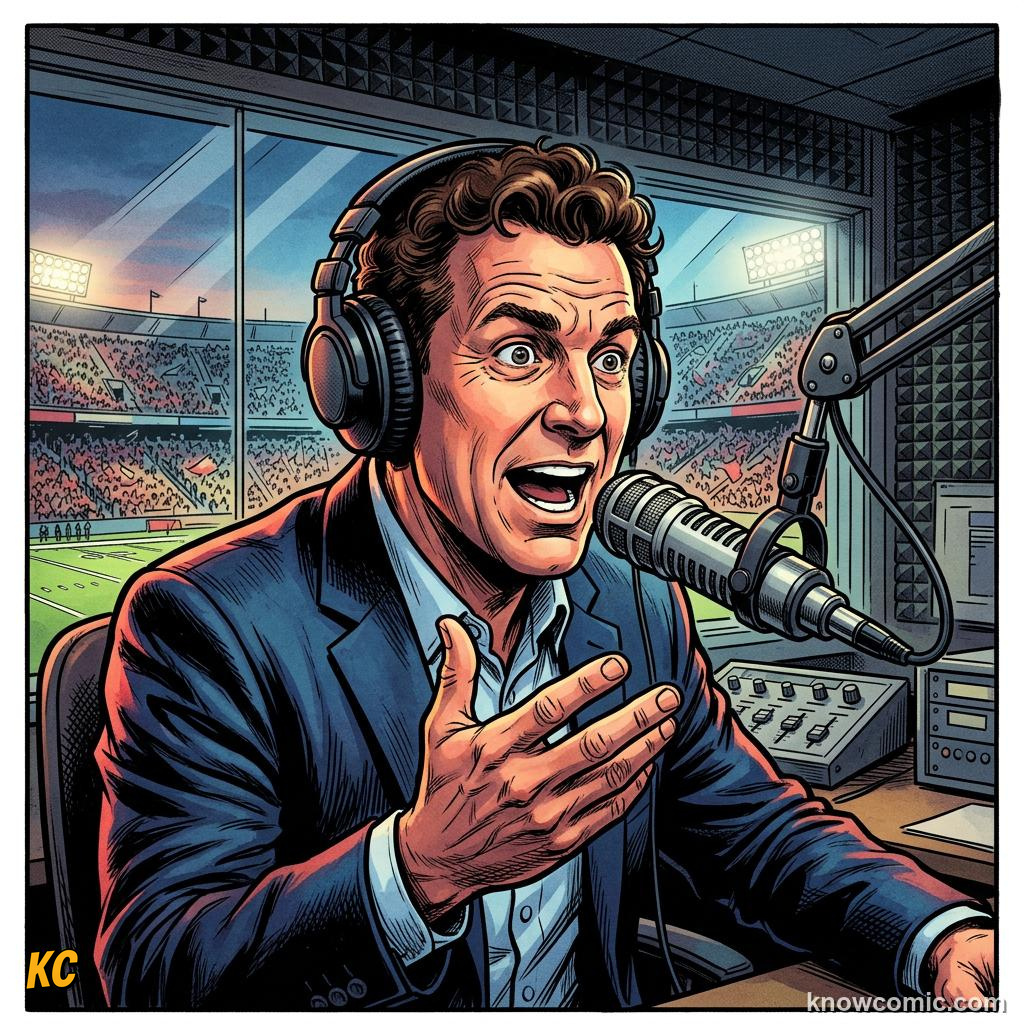 Comic panel titled a brace means two goals by one player, labelled commentators, from the KnowComic World Cup 2026 lesson on speak like a fan