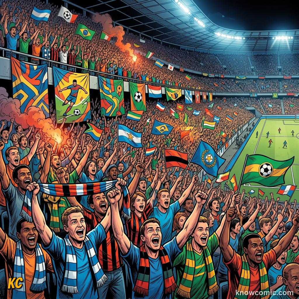 Comic panel titled a brace means two goals by one player, labelled stadium crowd, from the KnowComic World Cup 2026 lesson on speak like a fan