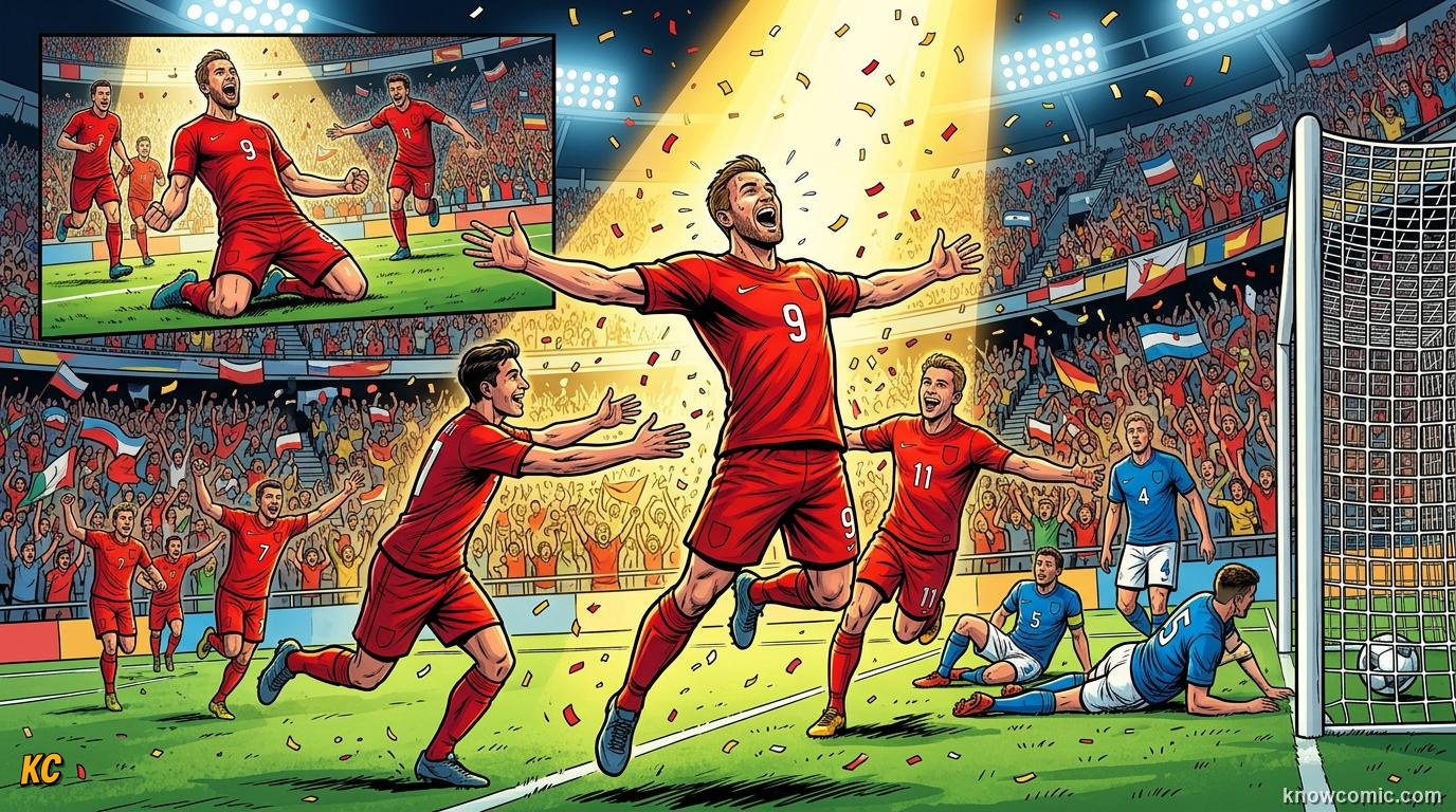Comic panel titled a brace means two goals by one player, labelled two goals, from the KnowComic World Cup 2026 lesson on speak like a fan