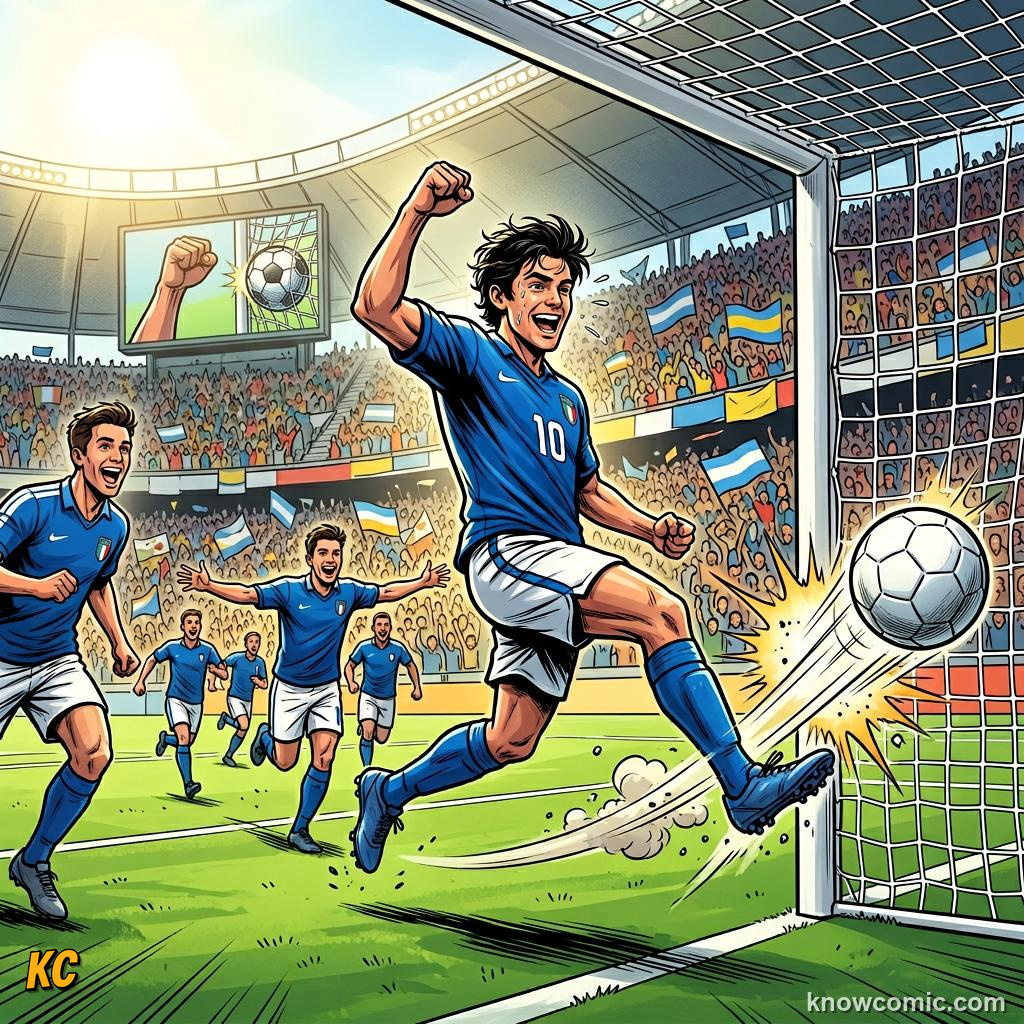 Comic panel titled nutmeg  ball through the legs, labelled first goal, from the KnowComic World Cup 2026 lesson on speak like a fan
