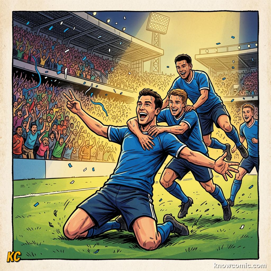 Comic panel titled nutmeg  ball through the legs, labelled second goal, from the KnowComic World Cup 2026 lesson on speak like a fan