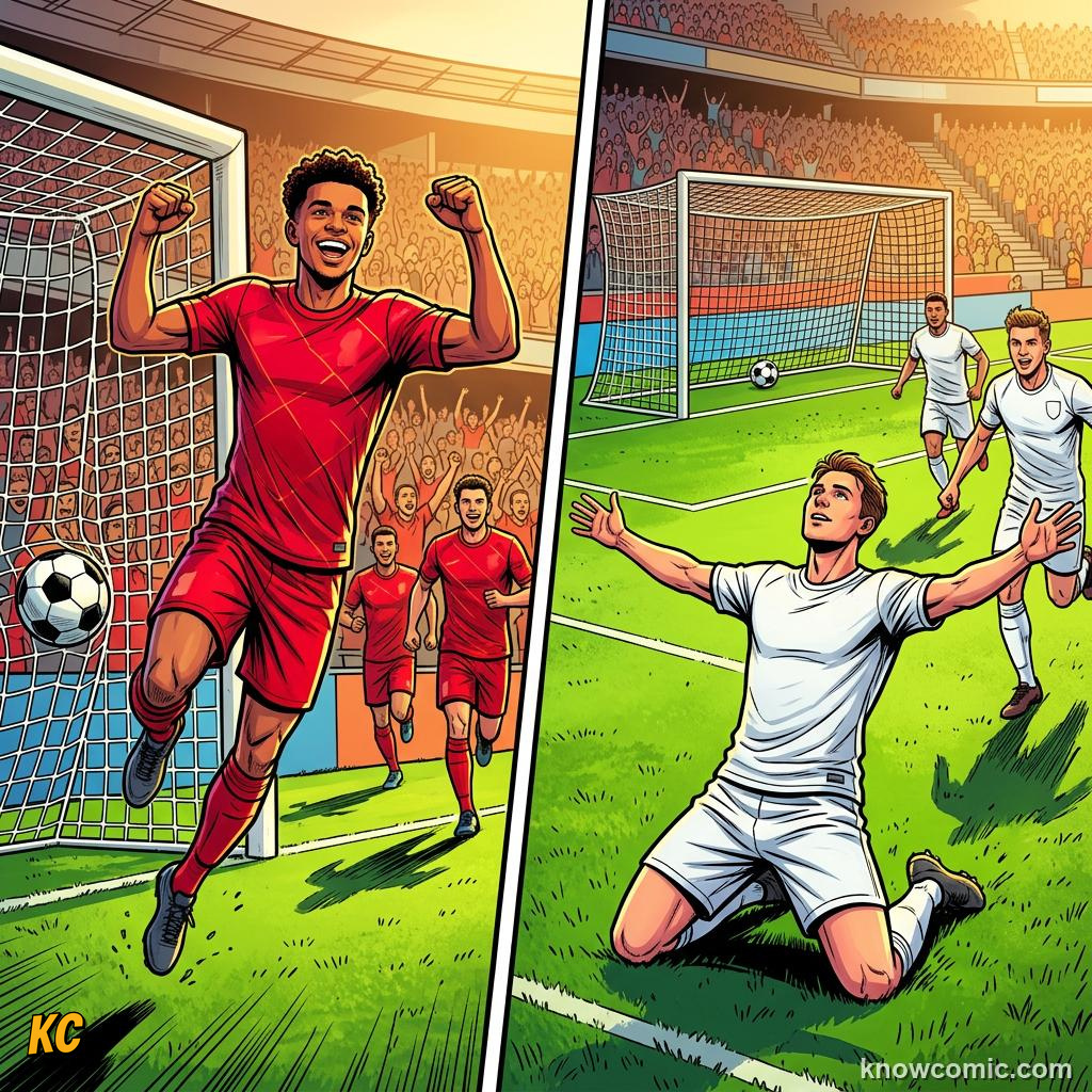 Comic panel titled nutmeg  ball through the legs, labelled not a brace, from the KnowComic World Cup 2026 lesson on speak like a fan