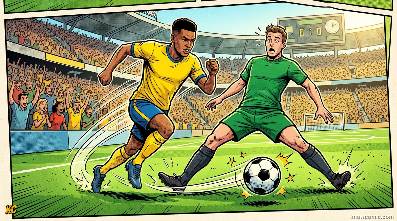 Comic panel titled nutmeg  ball through the legs, labelled meg him, from the KnowComic World Cup 2026 lesson on speak like a fan