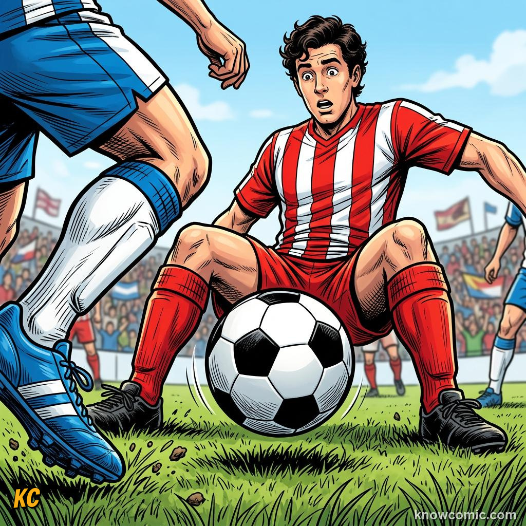 Comic panel titled nutmeg  ball through the legs, labelled through the legs, from the KnowComic World Cup 2026 lesson on speak like a fan