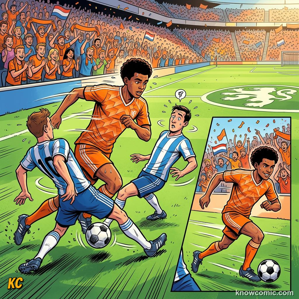 Comic panel titled nutmeg  ball through the legs, labelled showboat skill, from the KnowComic World Cup 2026 lesson on speak like a fan