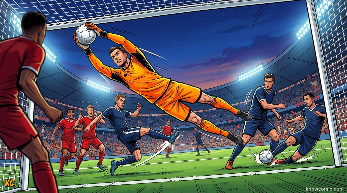 Comic panel titled clean sheet  no goals against, labelled zero conceded, from the KnowComic World Cup 2026 lesson on speak like a fan