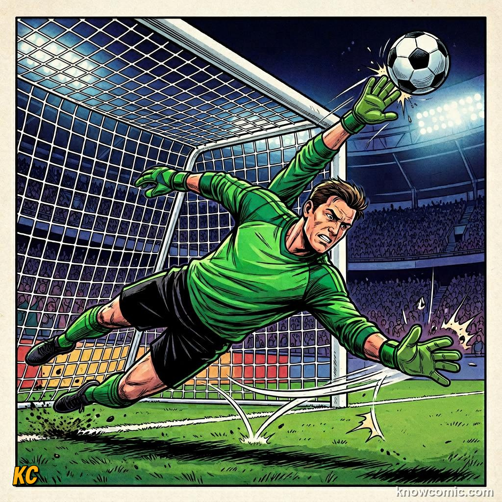 Comic panel titled put the words together, labelled the keeper, from the KnowComic World Cup 2026 lesson on speak like a fan
