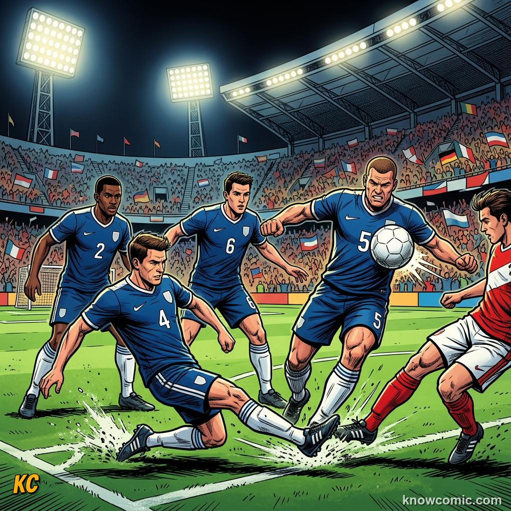 Comic panel titled put the words together, labelled the back line, from the KnowComic World Cup 2026 lesson on speak like a fan