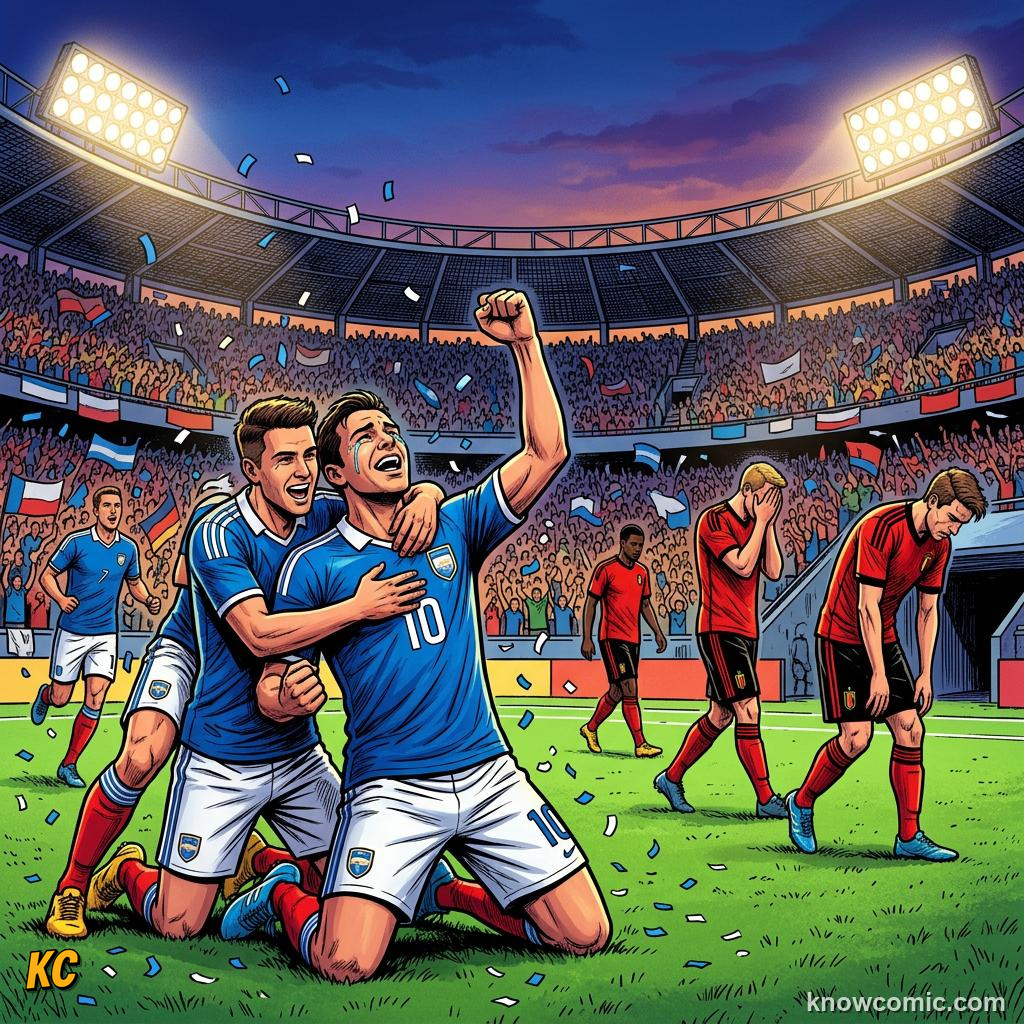 Comic panel titled put the words together, labelled 1-0 win, from the KnowComic World Cup 2026 lesson on speak like a fan