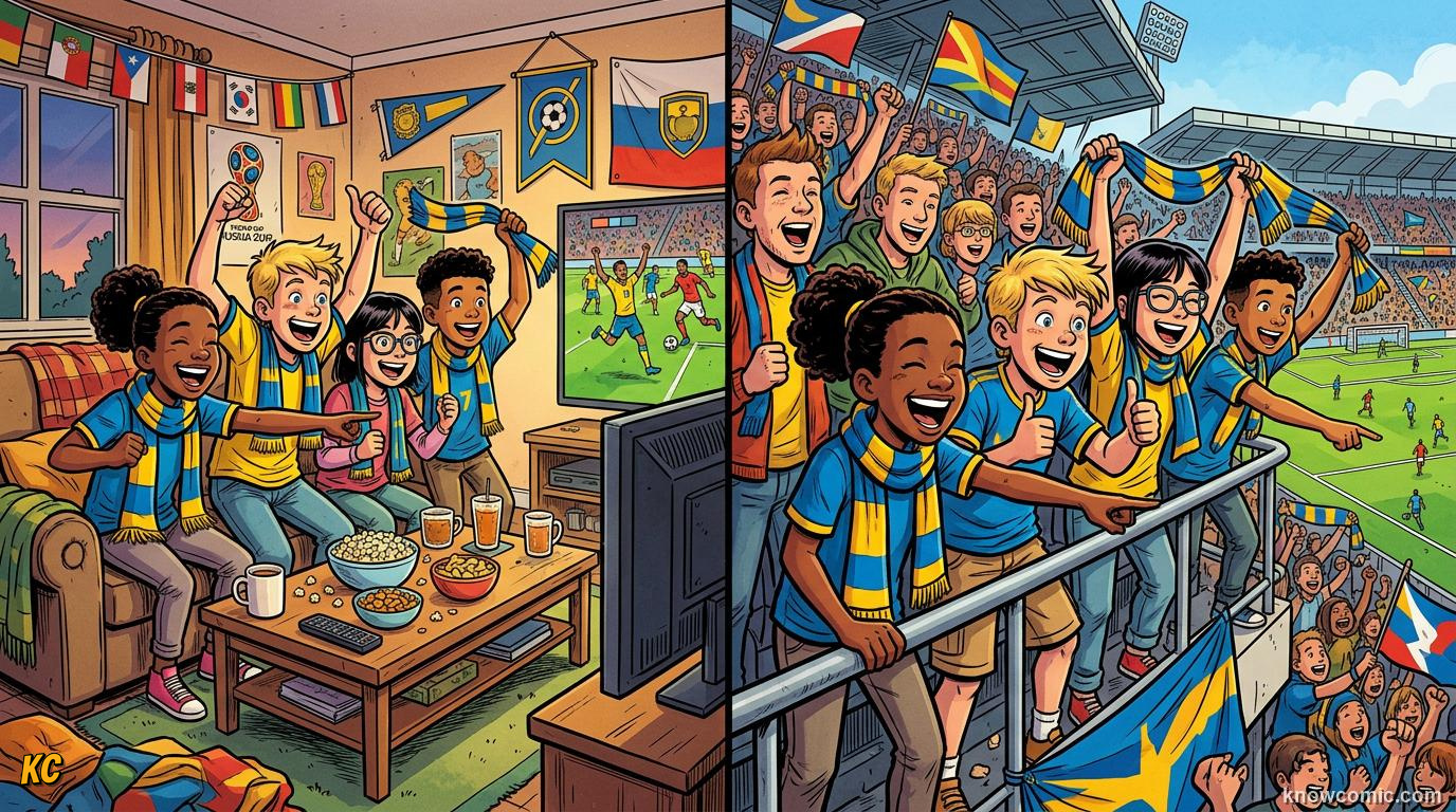 Comic panel titled put the words together, labelled build your vocab, from the KnowComic World Cup 2026 lesson on speak like a fan