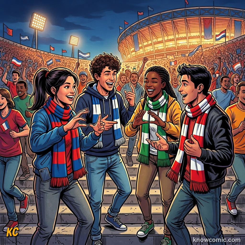Comic panel labelled match day chat, illustrating speak like a fan in KnowComic's World Cup 2026 series