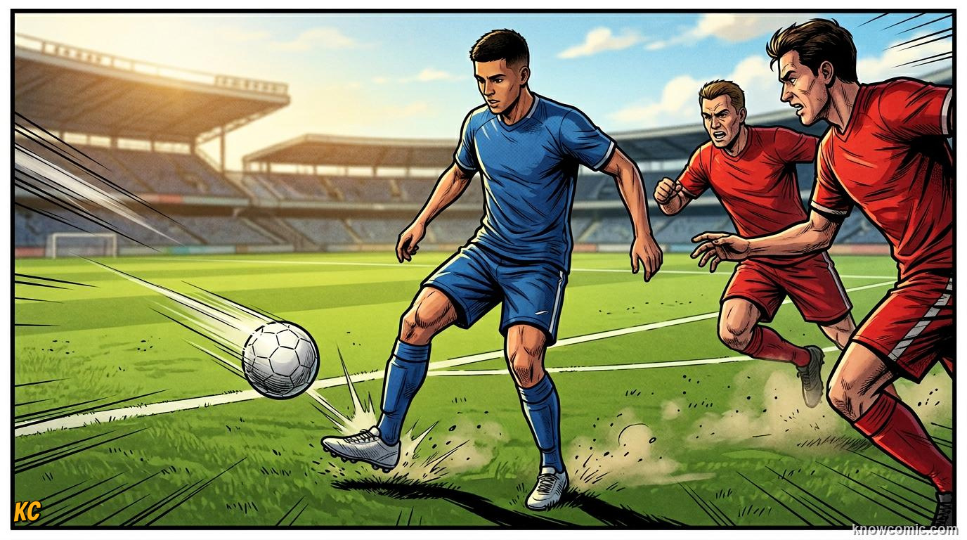 Comic panel titled what is first touch, labelled meet the ball, from the KnowComic World Cup 2026 lesson on first touch & ball control