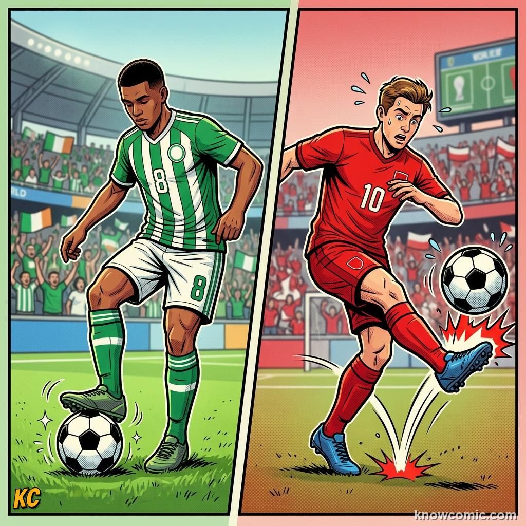 Comic panel titled cushioning absorb the speed, labelled the result, from the KnowComic World Cup 2026 lesson on first touch & ball control