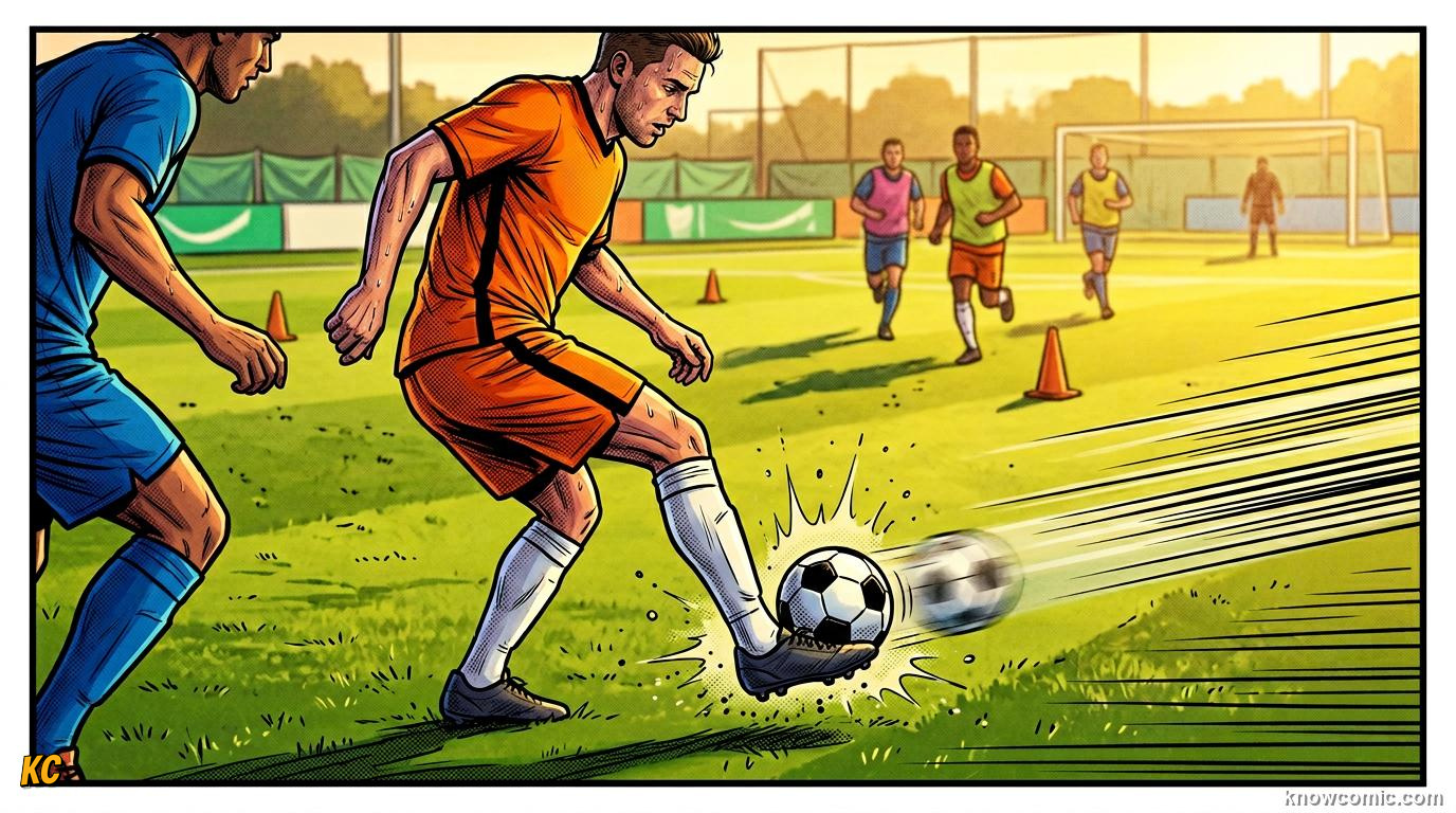 Comic panel titled cushioning absorb the speed, labelled soft not stiff, from the KnowComic World Cup 2026 lesson on first touch & ball control