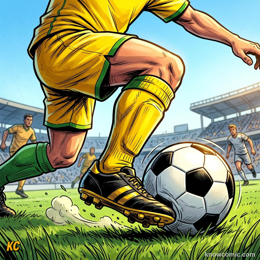 Comic panel titled trapping kill the ball, labelled inside foot, from the KnowComic World Cup 2026 lesson on first touch & ball control