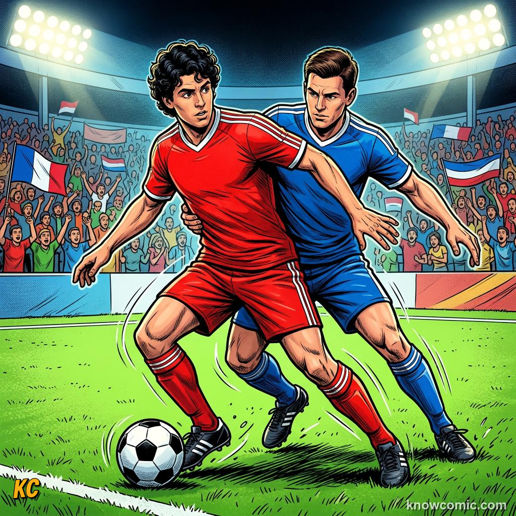 Comic panel titled trapping kill the ball, labelled body angle, from the KnowComic World Cup 2026 lesson on first touch & ball control