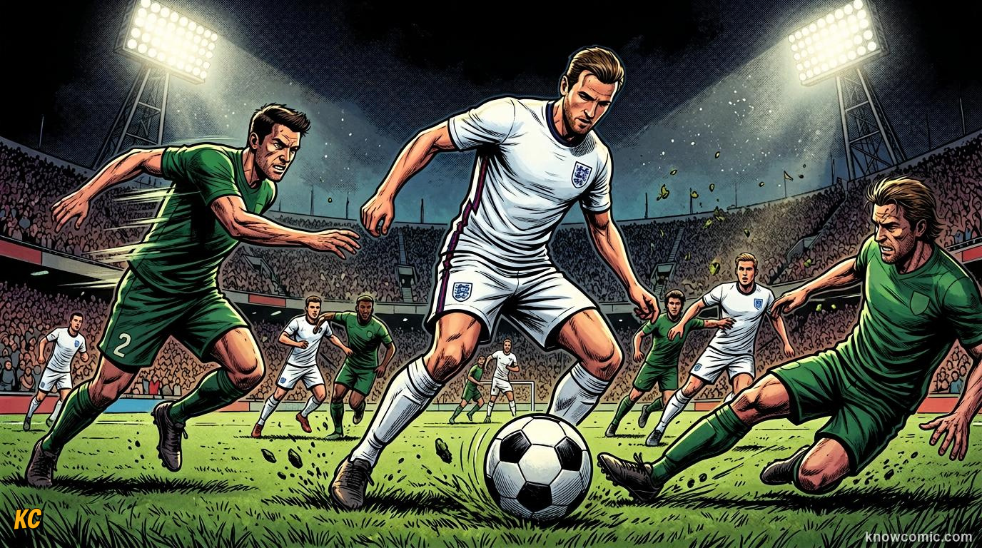Comic panel titled trapping kill the ball, labelled stop it dead, from the KnowComic World Cup 2026 lesson on first touch & ball control