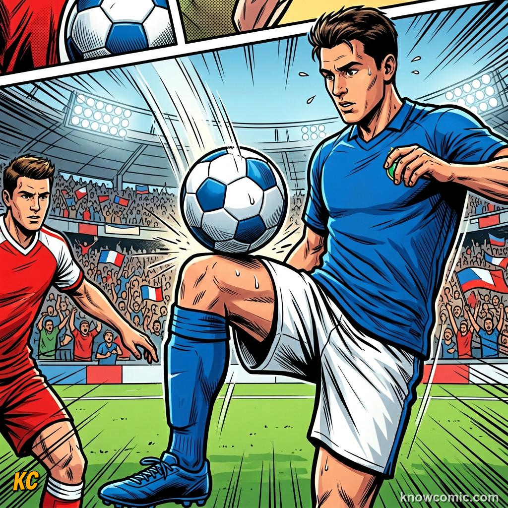 Comic panel titled trapping kill the ball, labelled thigh trap, from the KnowComic World Cup 2026 lesson on first touch & ball control
