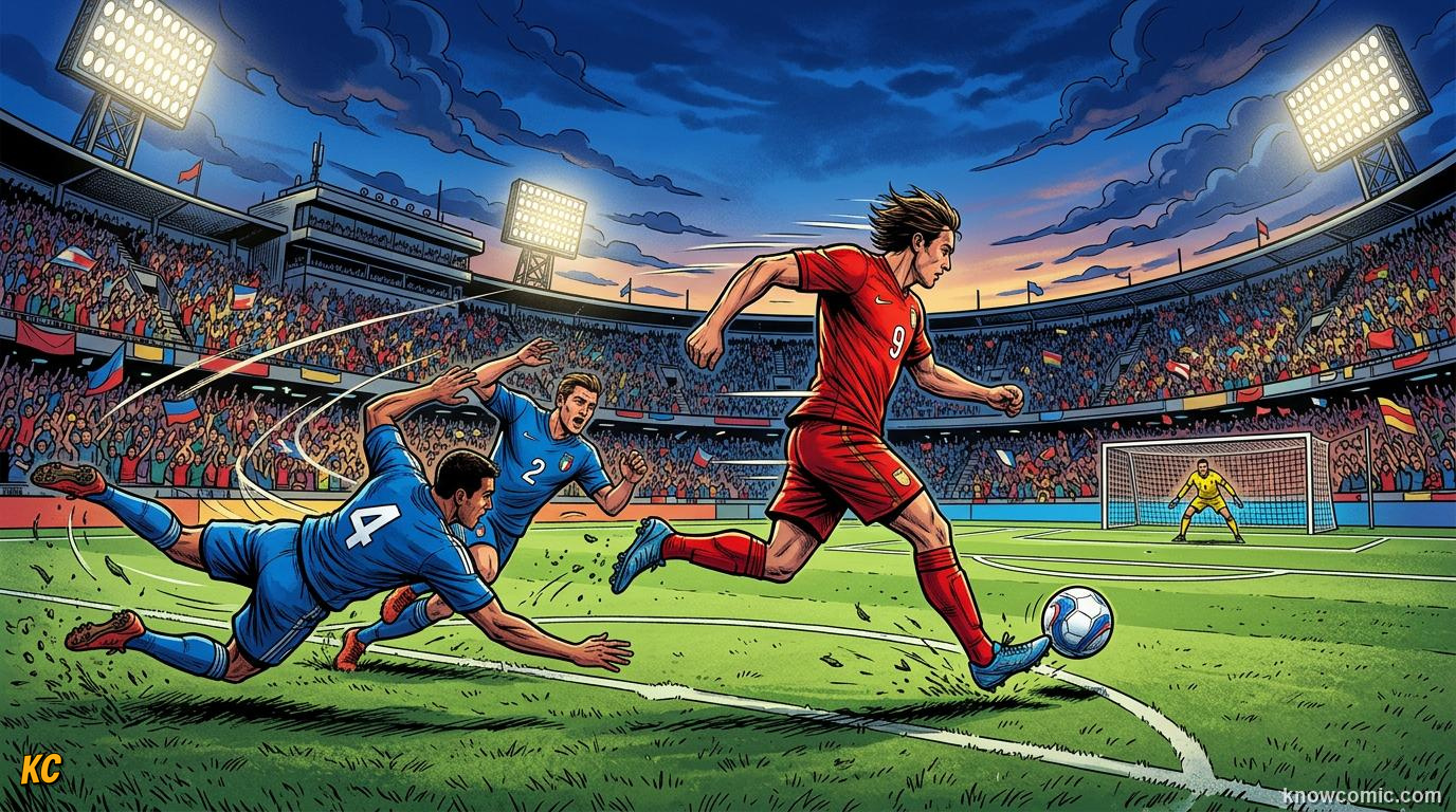 Comic panel titled one touch changes everything, labelled time and space, from the KnowComic World Cup 2026 lesson on first touch & ball control