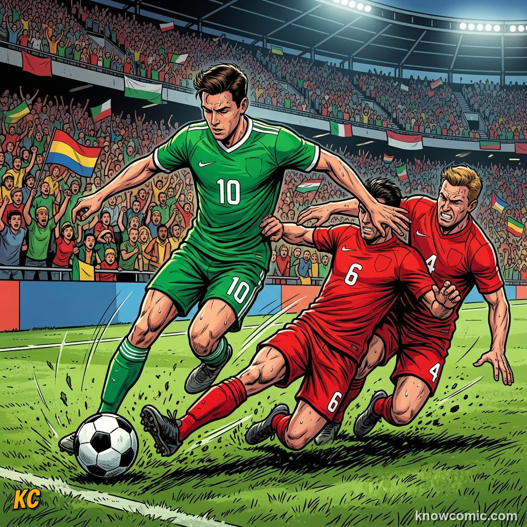 Comic panel titled how coaches build touch, labelled under pressure, from the KnowComic World Cup 2026 lesson on first touch & ball control
