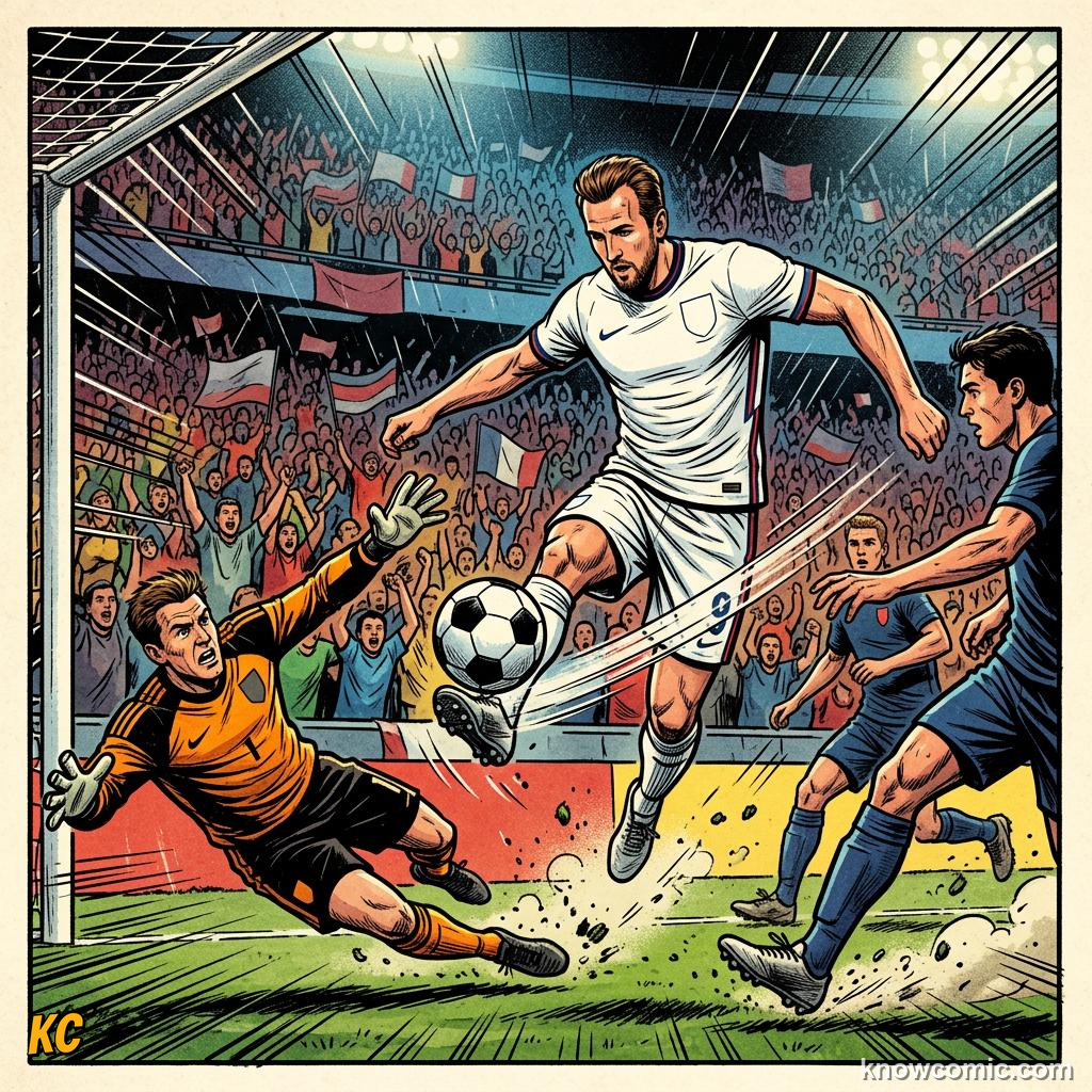 Comic panel titled how coaches build touch, labelled set up the shot, from the KnowComic World Cup 2026 lesson on first touch & ball control