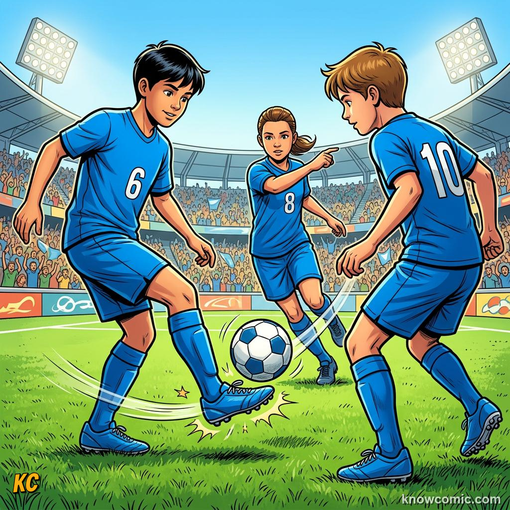 Comic panel titled how coaches build touch, labelled keep possession, from the KnowComic World Cup 2026 lesson on first touch & ball control
