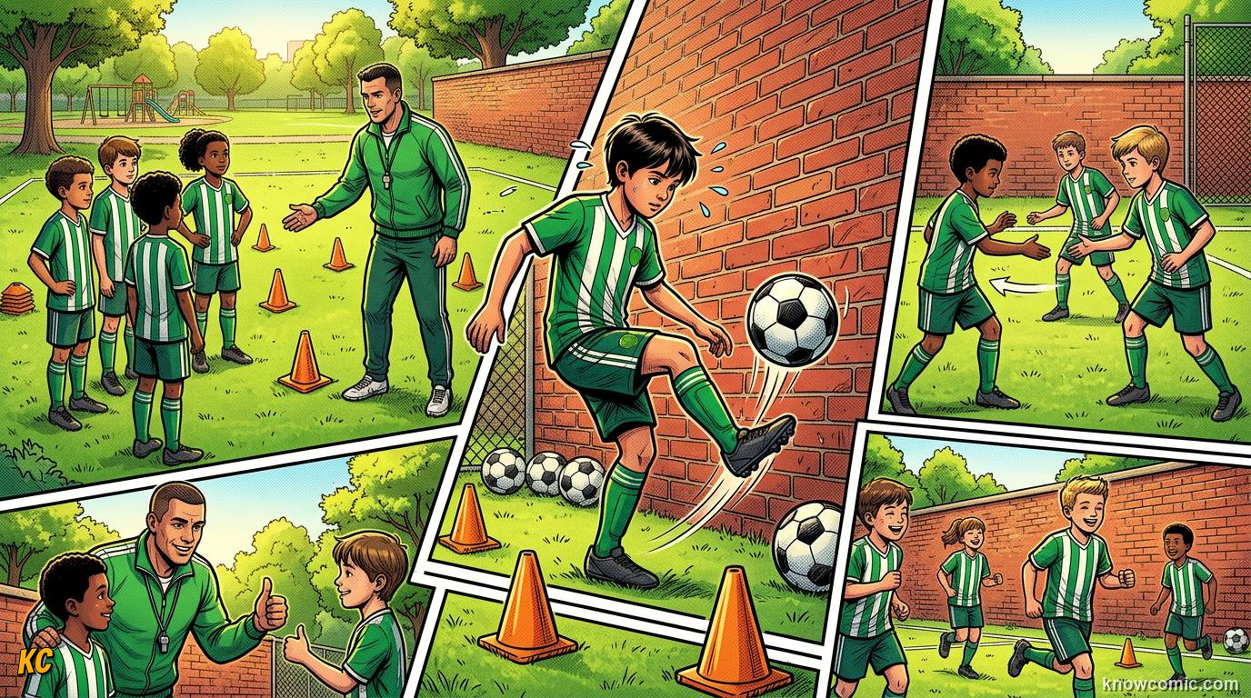 Comic panel titled how coaches build touch, labelled train every day, from the KnowComic World Cup 2026 lesson on first touch & ball control