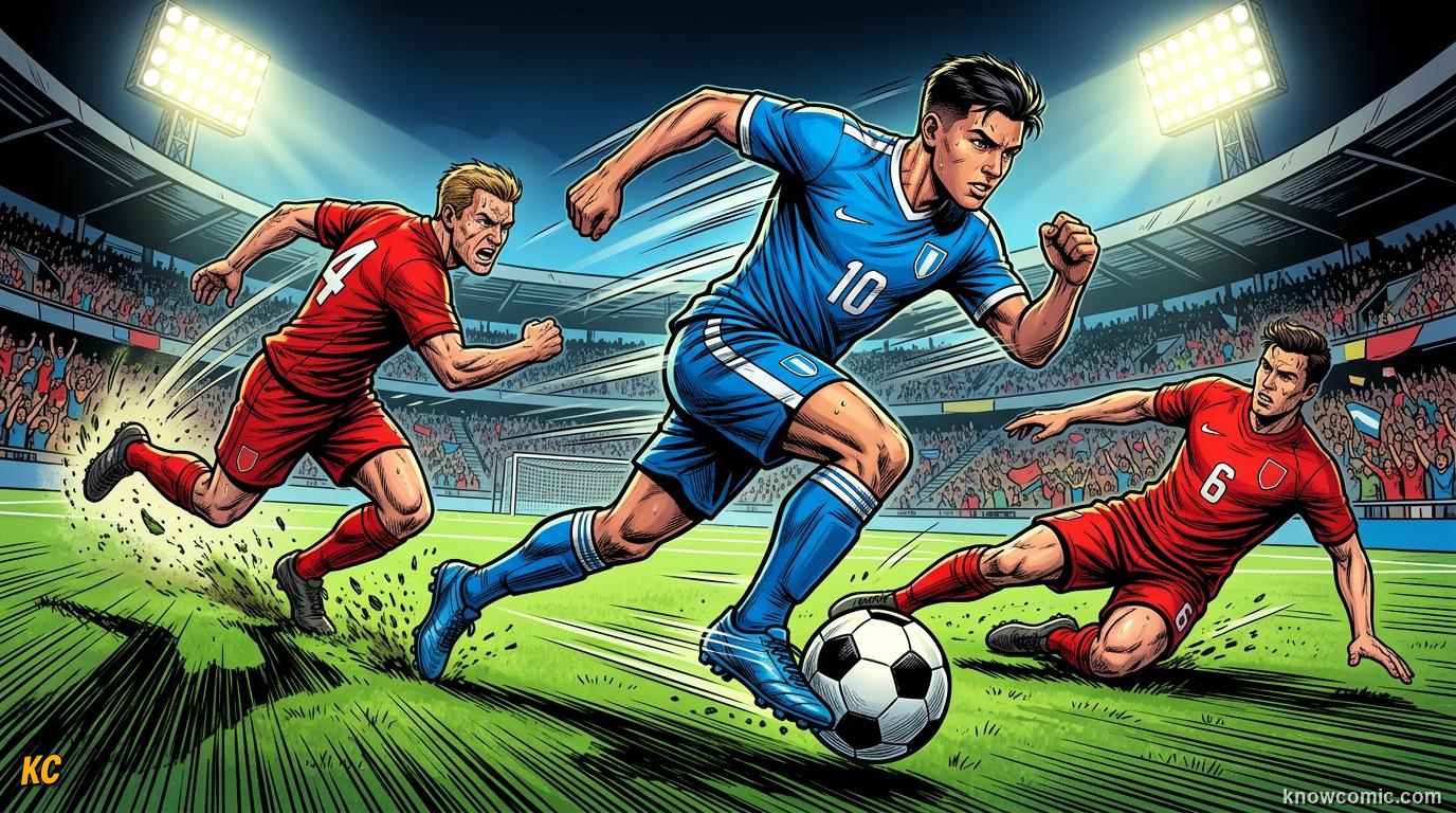 Comic panel titled running with the ball, labelled what is dribbling, from the KnowComic World Cup 2026 lesson on the art of dribbling