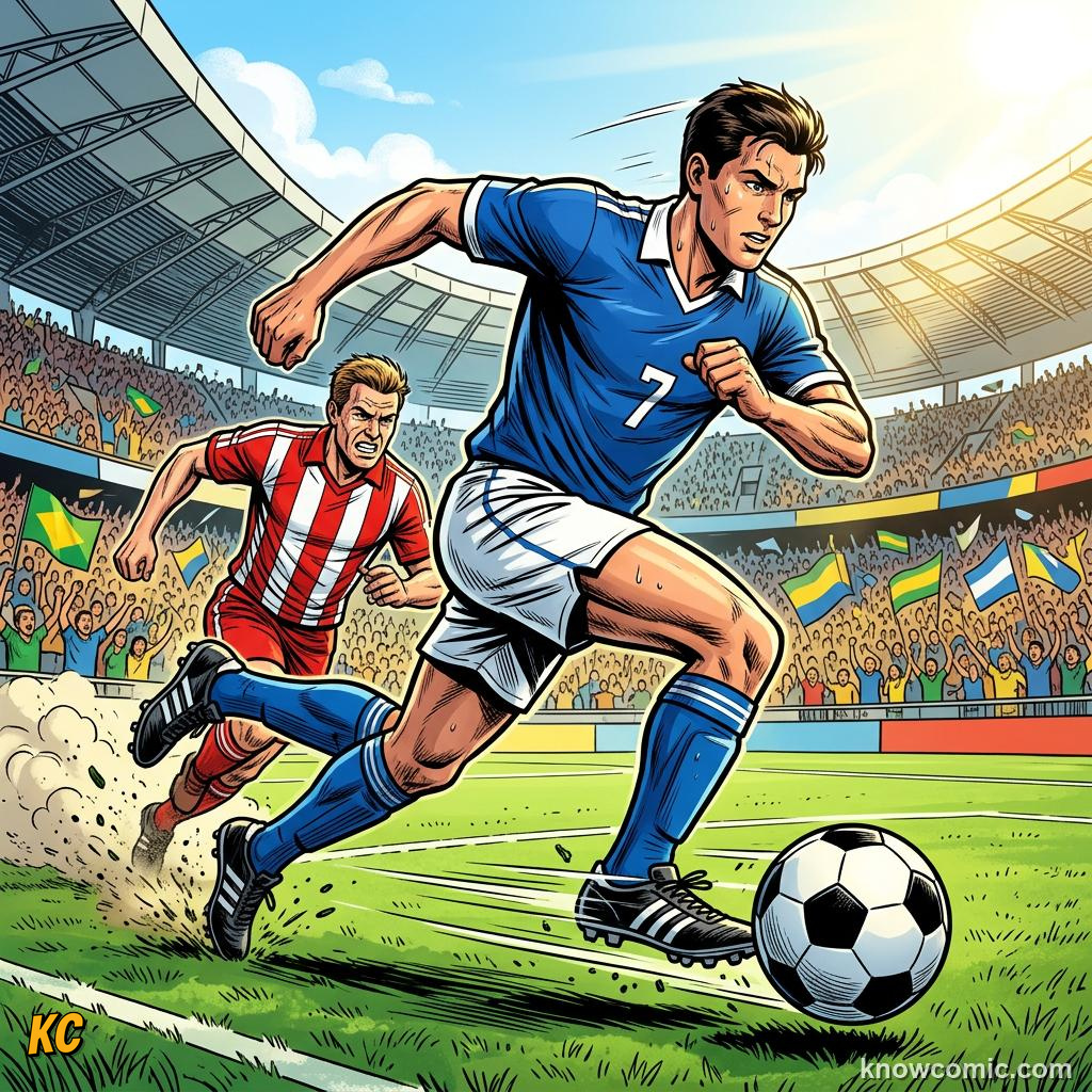 Comic panel titled keep the ball tight, labelled at speed, from the KnowComic World Cup 2026 lesson on the art of dribbling