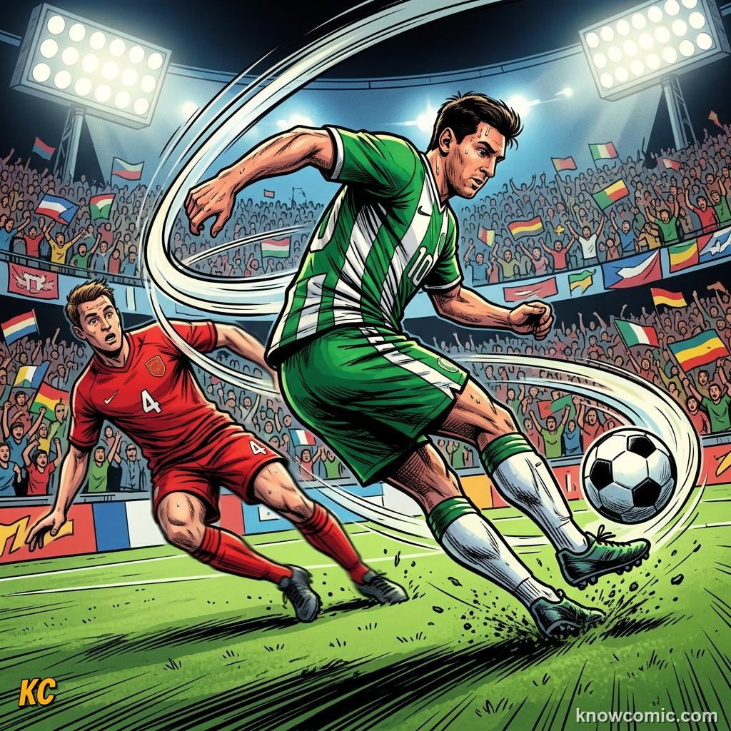 Comic panel titled keep the ball tight, labelled sharp turn, from the KnowComic World Cup 2026 lesson on the art of dribbling