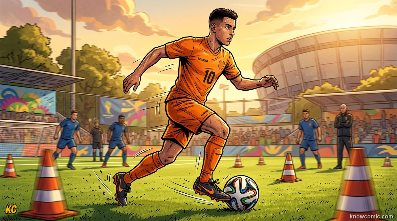 Comic panel titled keep the ball tight, labelled glued to your boots, from the KnowComic World Cup 2026 lesson on the art of dribbling