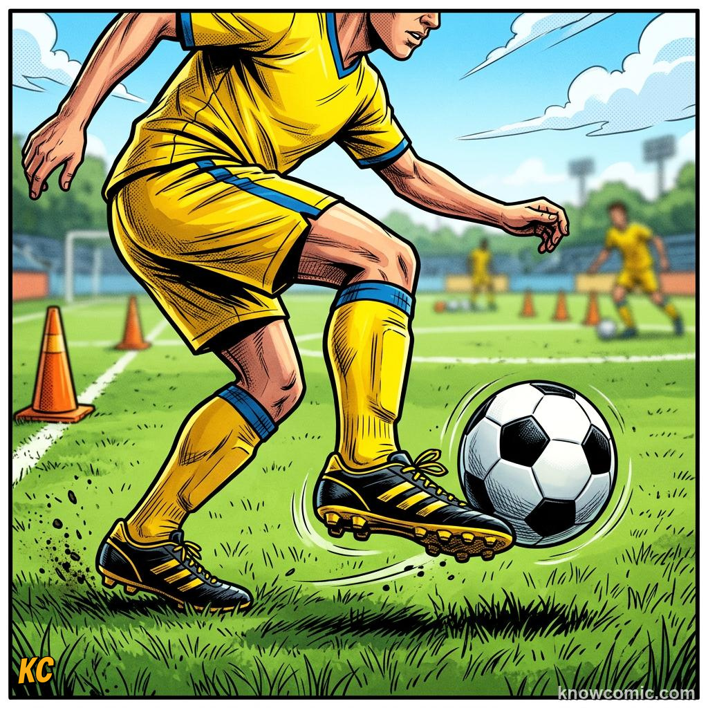 Comic panel titled stepovers, feints, and swerves, labelled inside foot, from the KnowComic World Cup 2026 lesson on the art of dribbling