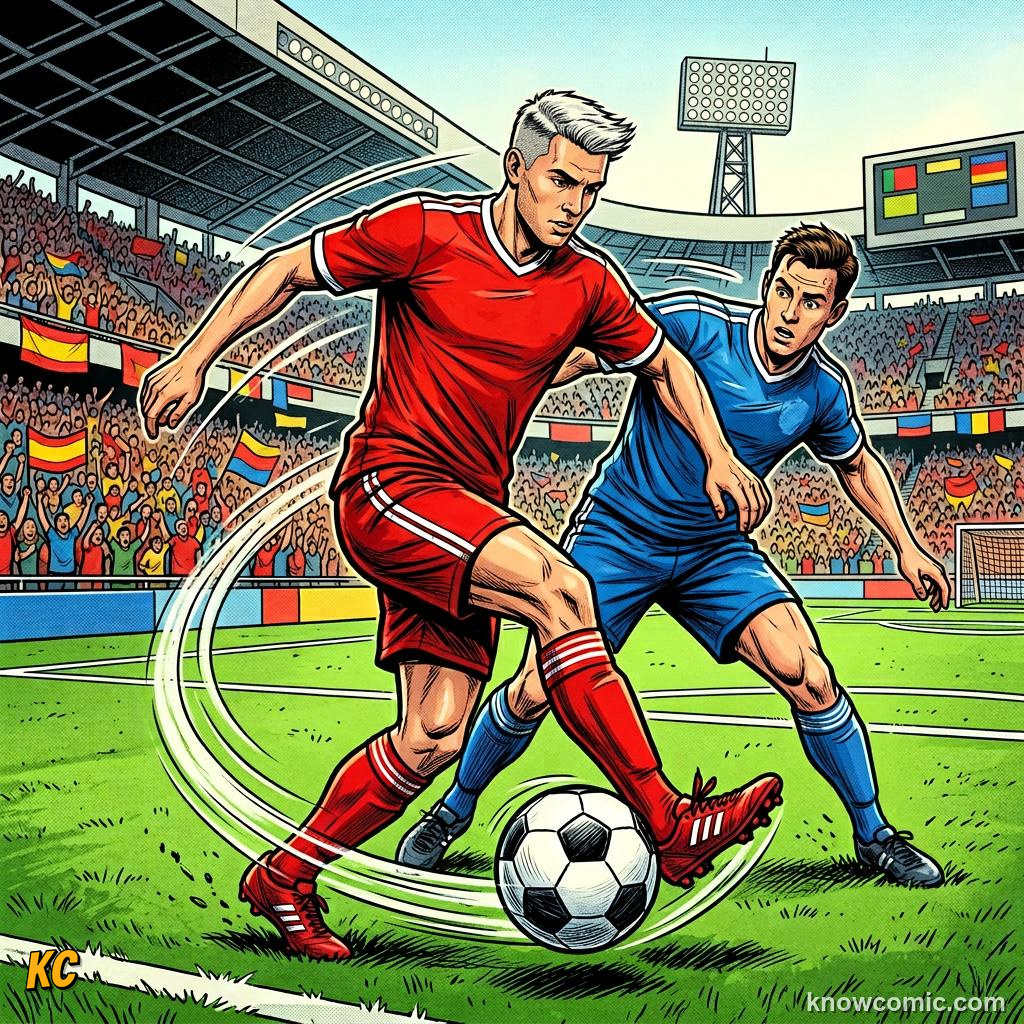 Comic panel titled stepovers, feints, and swerves, labelled sole roll, from the KnowComic World Cup 2026 lesson on the art of dribbling